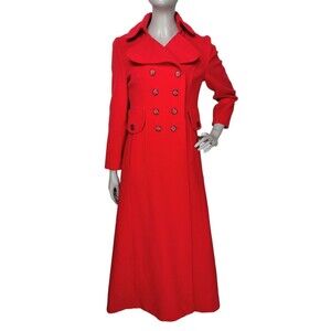 VTG 60s 70s Edwardian Gothic Red Wool Double-Breasted Long Swing Coat XS/S/M